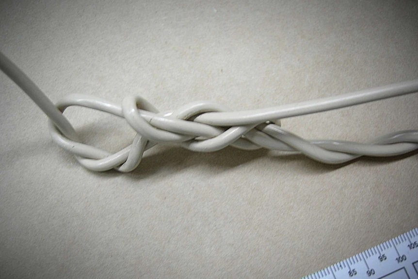 A close up picture of a twisted communications-A picture of the cable A picture of the cable Bradley Edwards used to tie up the Karrakatta victim